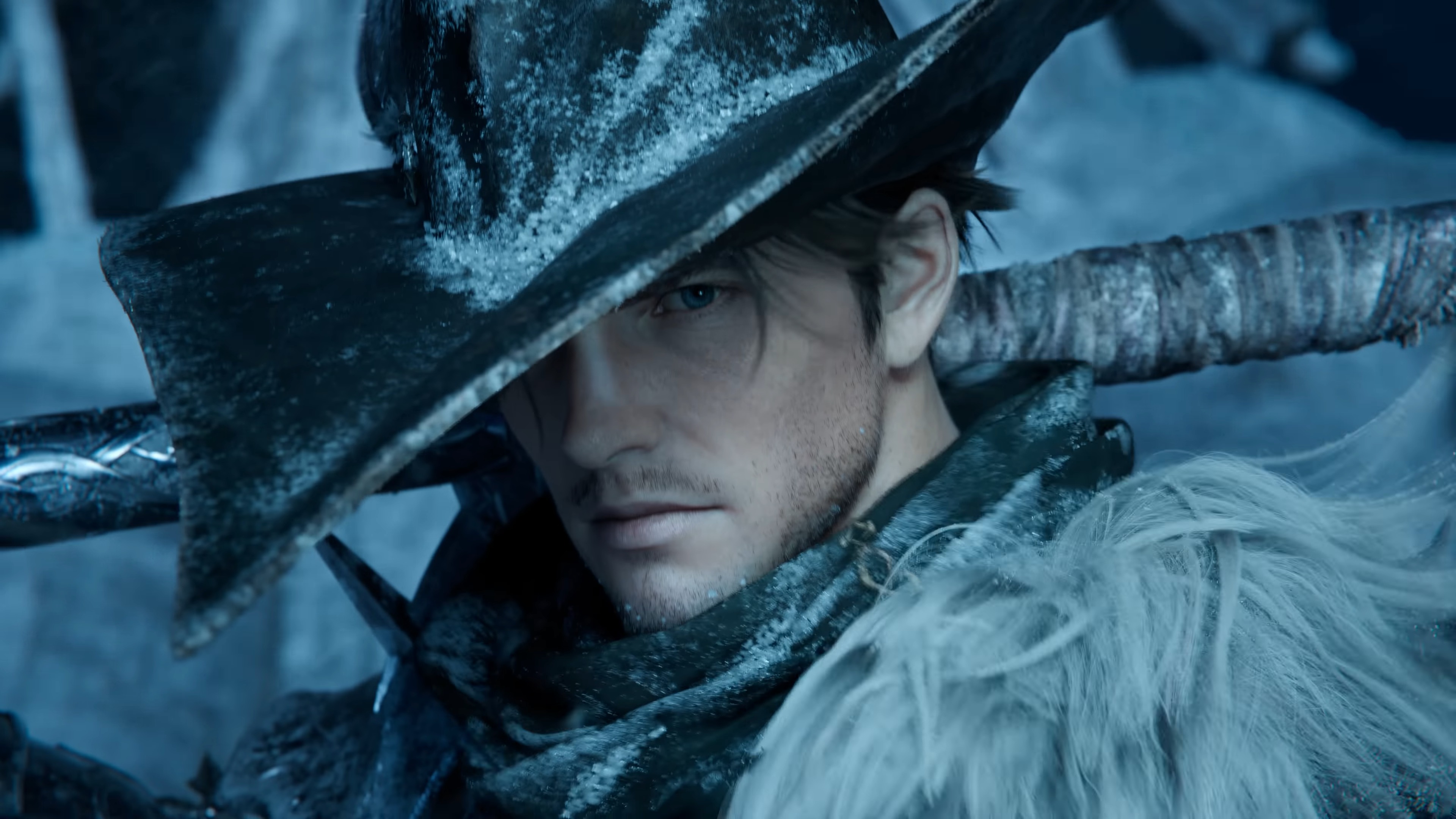 Final Fantasy 14's playable character Meteor wearing Reaper Job armor in the Evercold trailer.