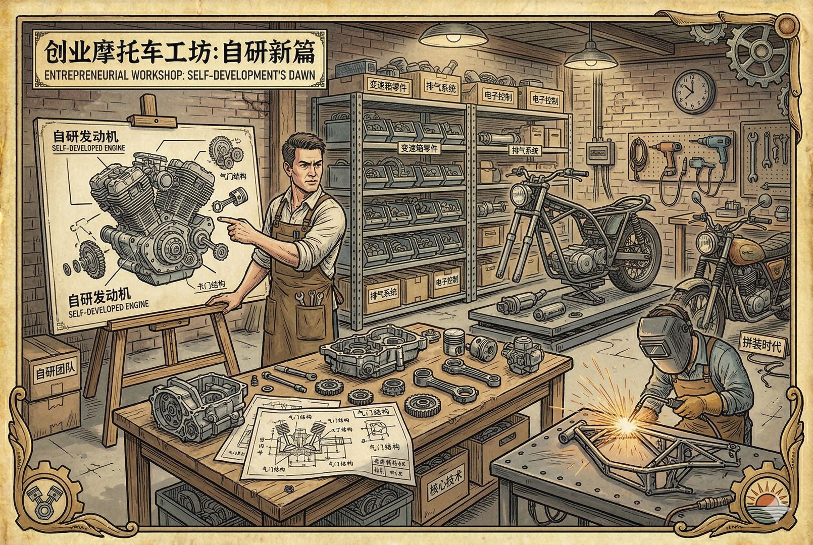 一间创业早期的摩托车工坊内部,拆开的发动机、变速箱、图纸和焊接台散布四周,一位执拗的创业者站在零件架前指着自研发动机草图,体现从拼装到自研的转折,羊皮纸,钢笔彩色手绘的统一风格。