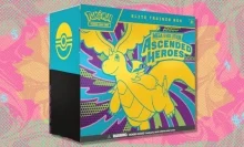 The Pokémon TCG: Mega Evolution — Ascended Heroes Elite Trainer Box on an orange, red, and green background