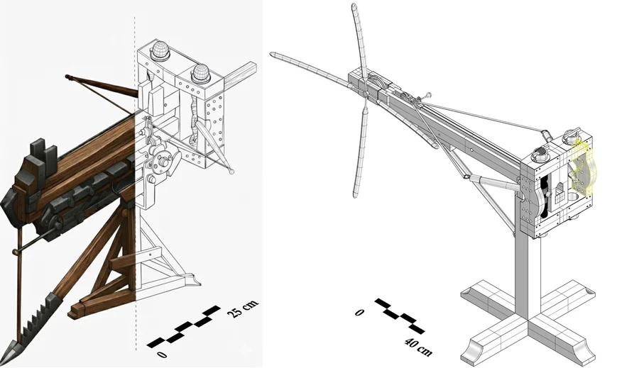 One the left, a line drawing partially filled in with brown and gray color of a primitive repeating weapon, on the right a three-dimensional rendering of what the device, with a long arm mounted on a pole