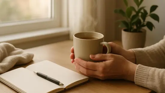 Una mujer sostiene una taza de té junto a un cuaderno abierto en una mesa iluminada por luz natural.