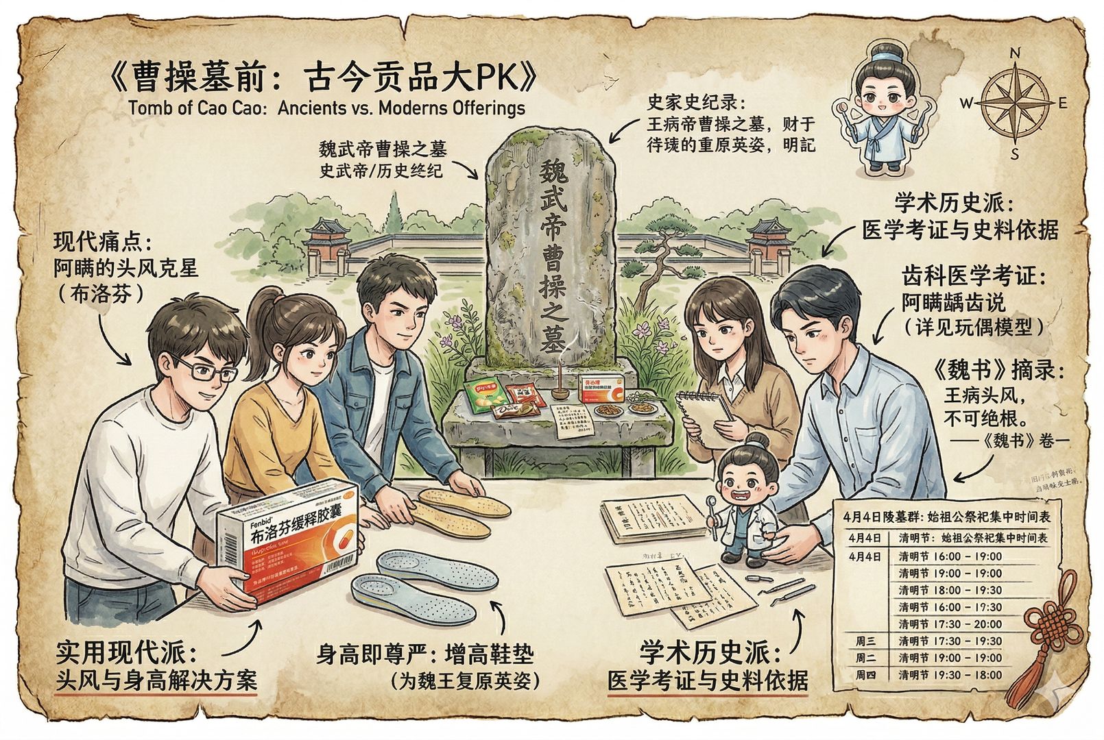 曹操墓前几组年轻人各自摆放不同贡品的对比画面,一边是布洛芬与增高鞋垫,另一边是带注释的牙医玩偶和史料摘录卡片,人物神情带着隐约较劲和炫耀,羊皮纸,钢笔彩色手绘的统一风格。
