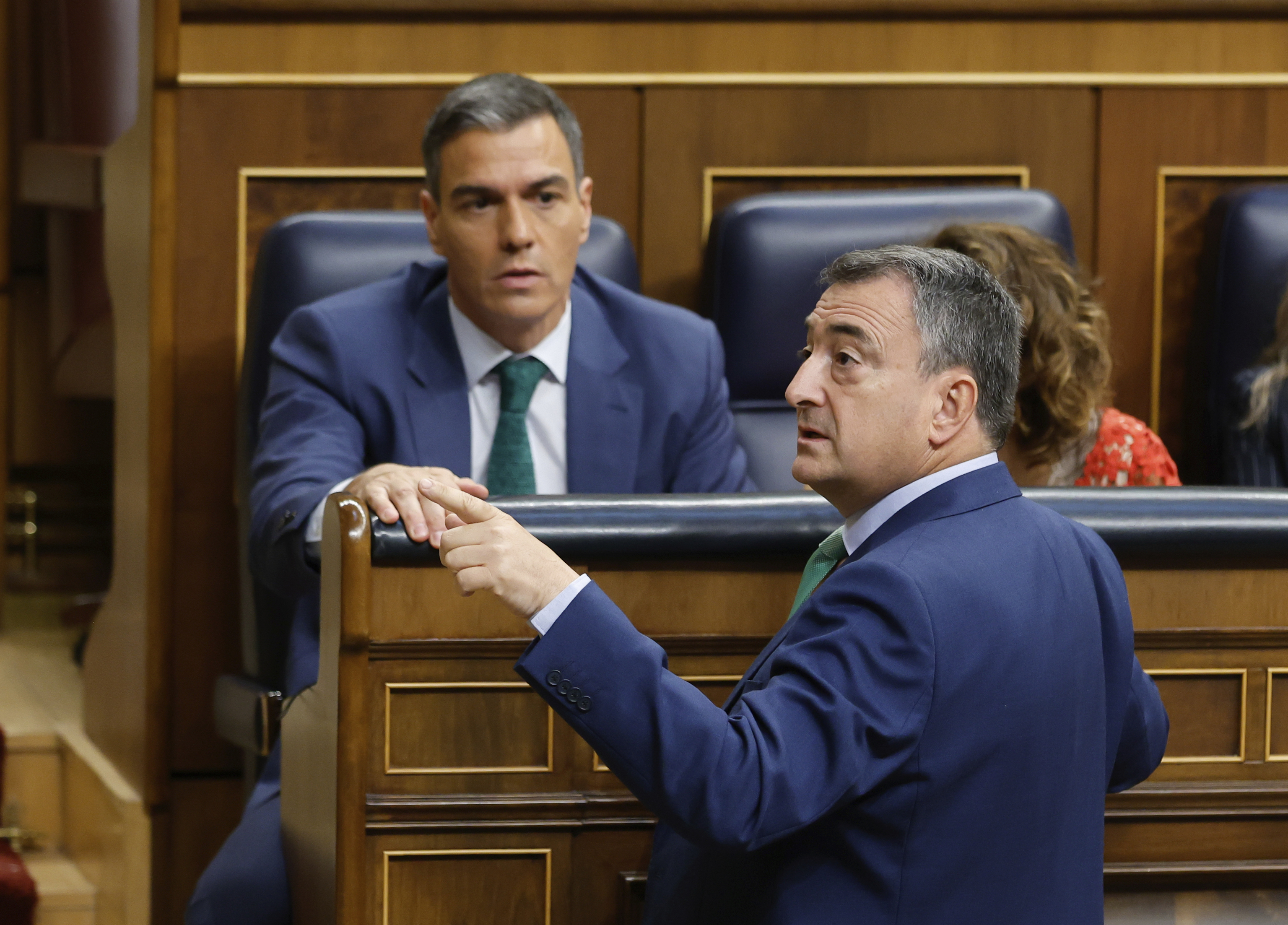 Aitor Esteban se dirige a la presidencia del Congreso ante la mirada de Pedro S�nchez durante un pleno celebrado en la C�mara Baja.