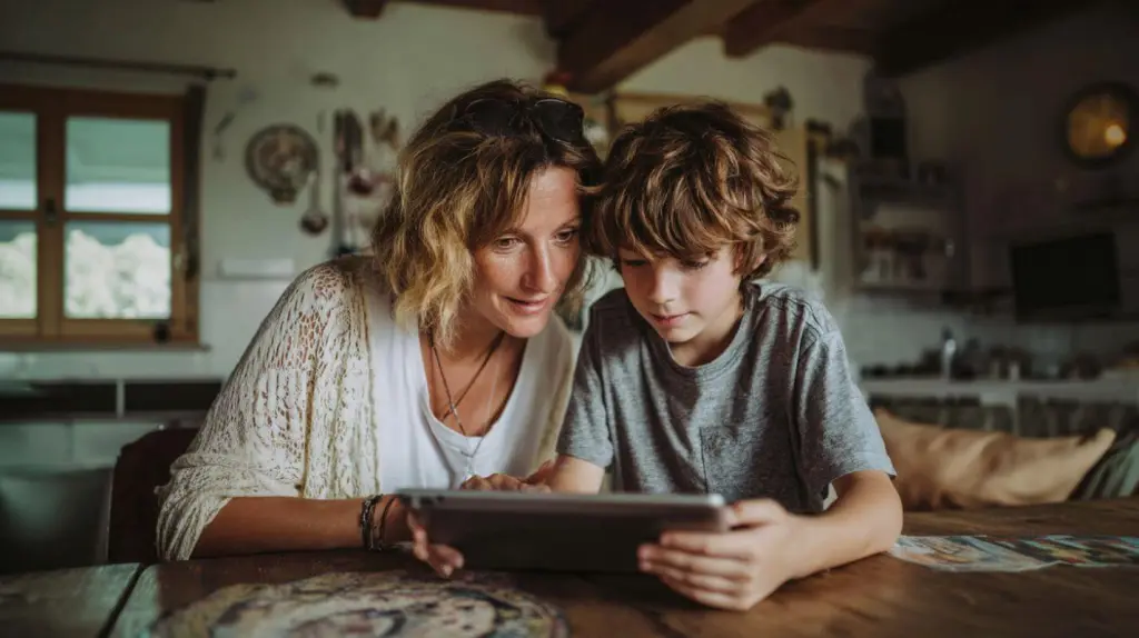 Madre compartiendo tableta con su hijo