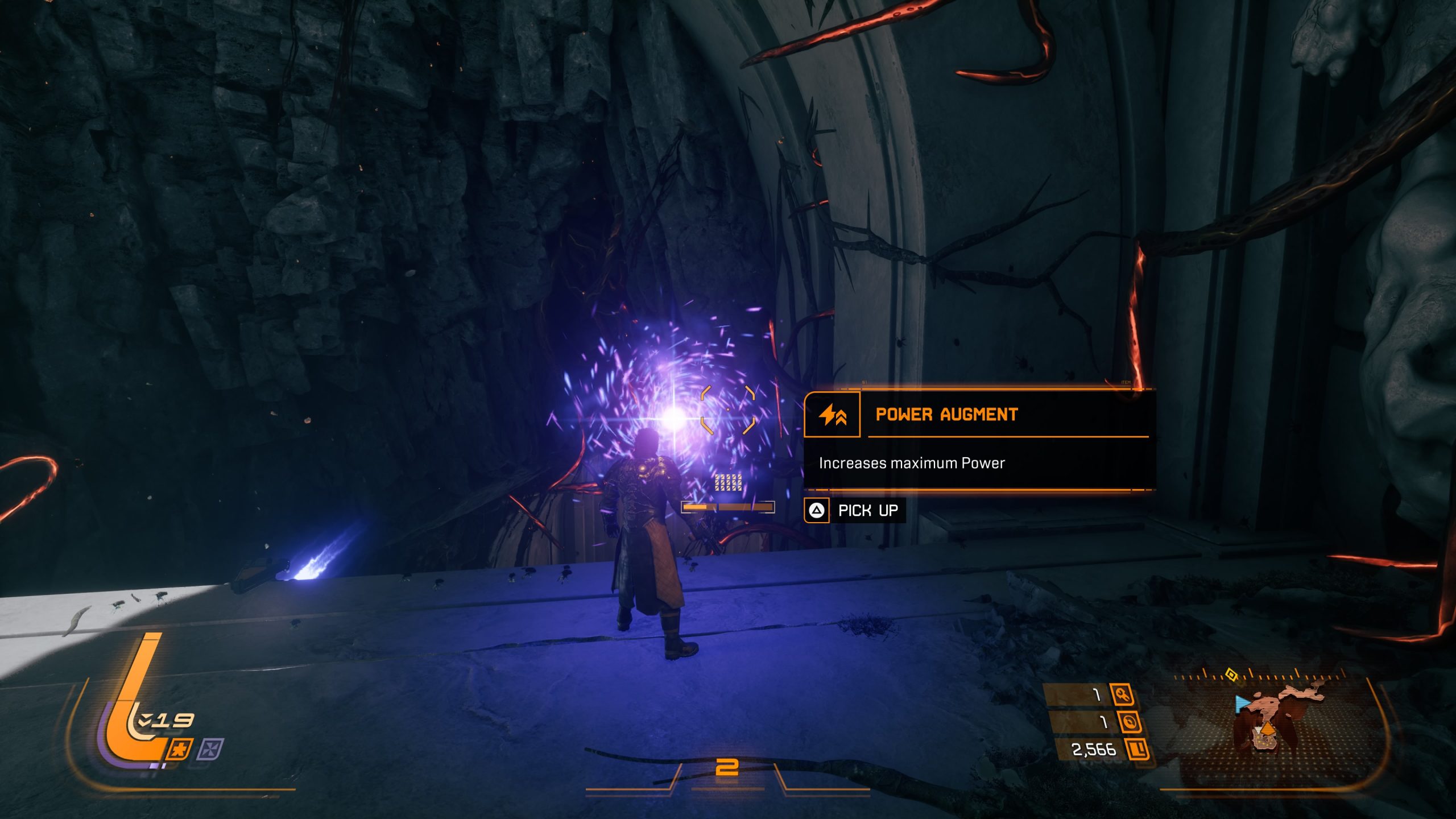 A character in the game Saros is standing in front of a glowing purple portal, with an on-screen prompt to 'PICK UP' a 'POWER AUGMENT.'