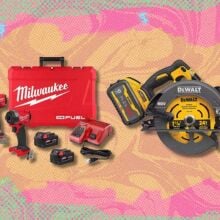 Milwaukee and DeWalt cordless tools on an orange background