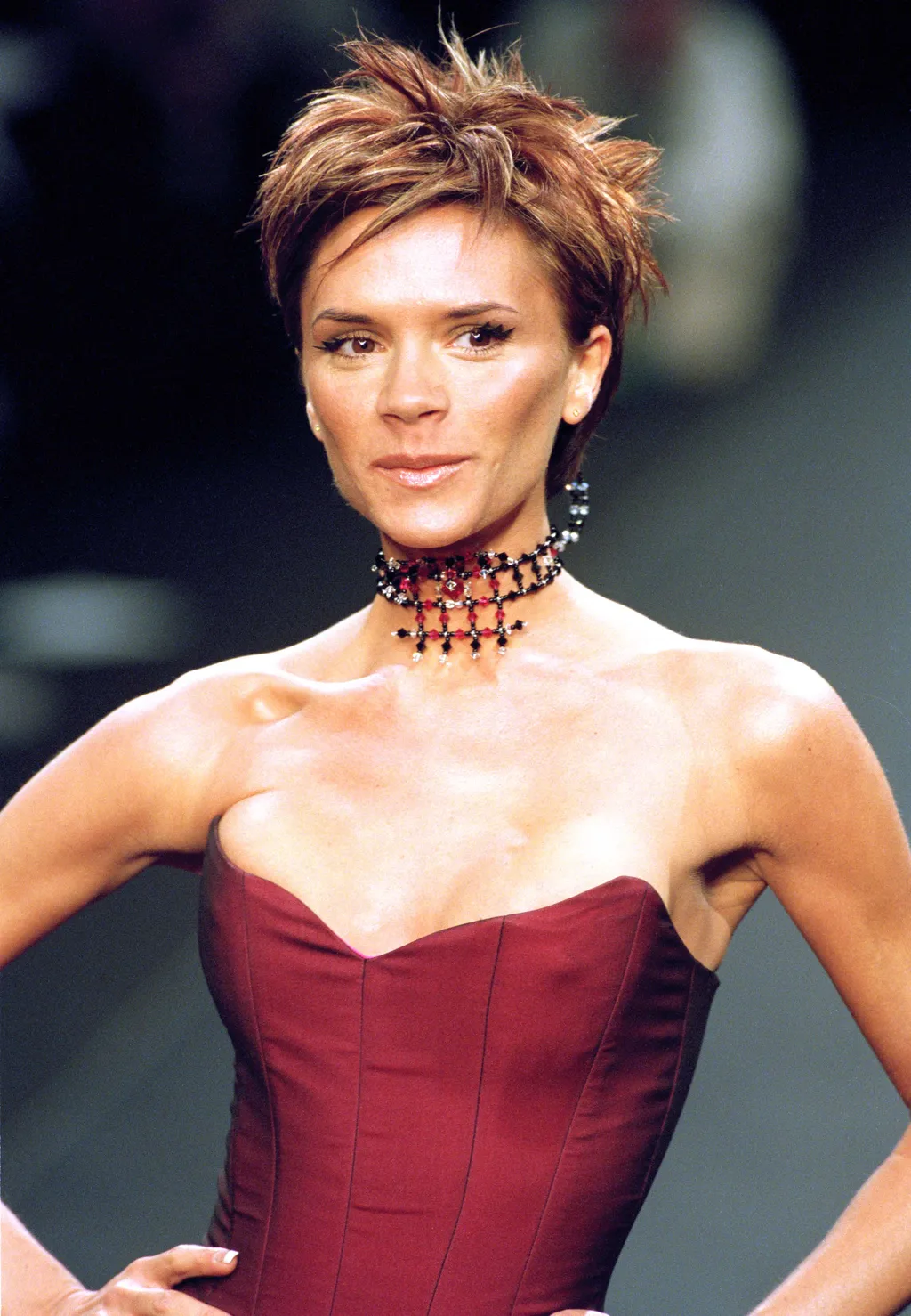 Image may contain Victoria Beckham Adult Person Formal Wear Accessories Jewelry Necklace Face Head Blonde and Hair