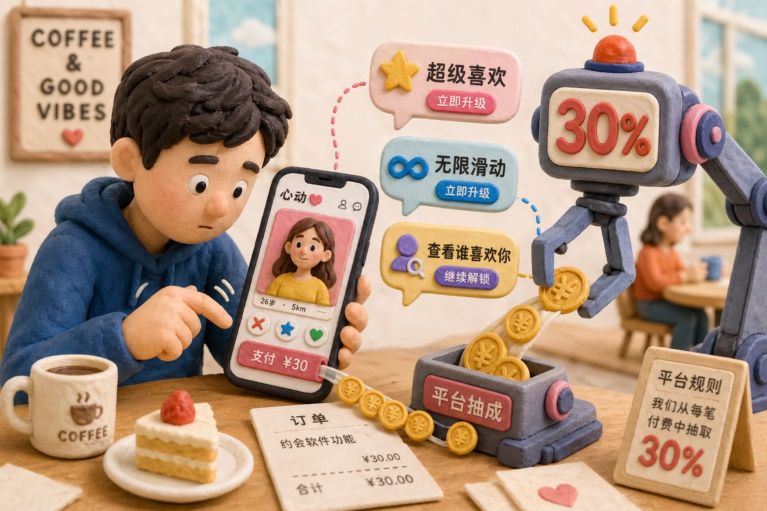 一名用户坐在咖啡馆里频繁滑动约会软件界面,屏幕上弹出“超级喜欢”“无限滑动”“查看谁喜欢你”等付费按钮,旁边一只机械手从每次付款中剪走30%的硬币,羊皮纸,钢笔彩色手绘的统一风格。