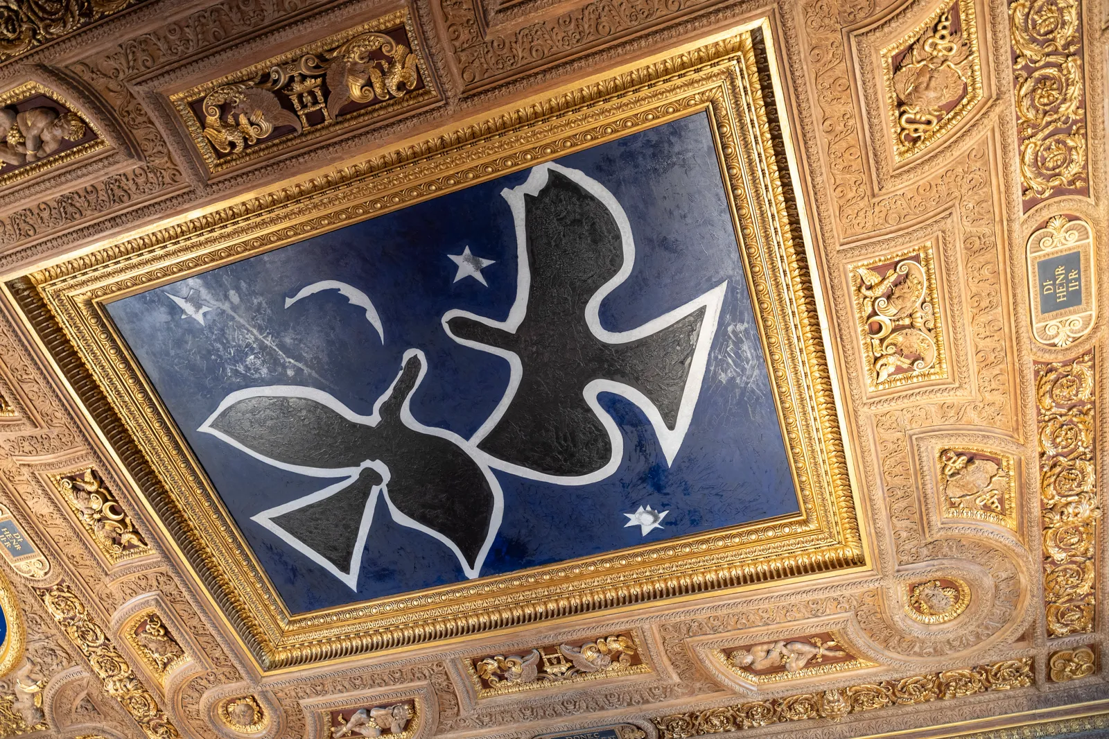 Ceiling of the Henri II room seen from below and work entitled Les oiseaux painted by Georges BRAQUE in 19521953 in the...