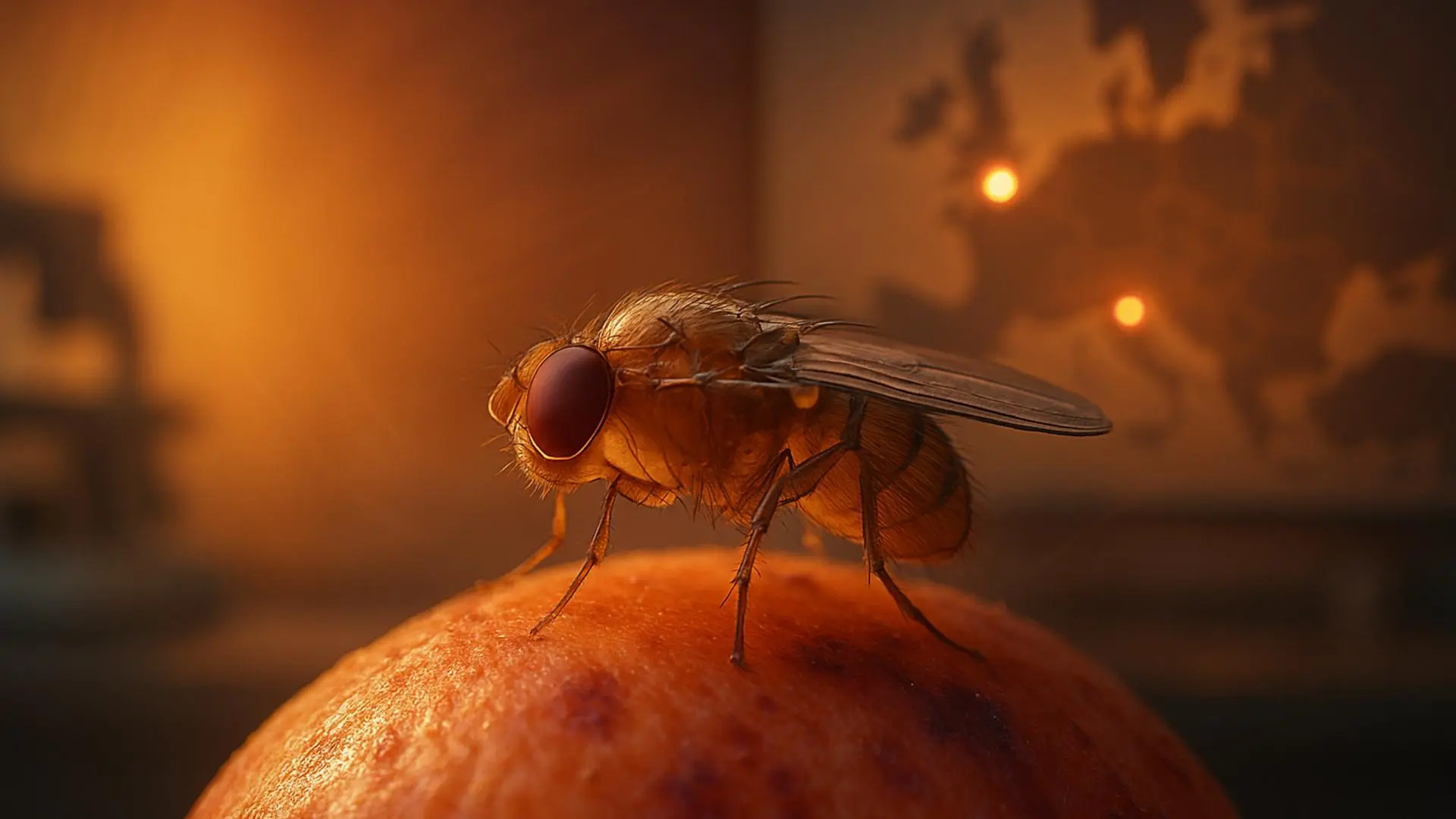 Una mosca de la fruta en primer plano rodeada por una atmósfera cálida que sugiere estrés por calor.