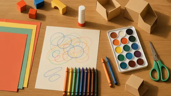 Materiales de manualidades y construcción sobre una mesa que evocan distintas formas de creatividad infantil.