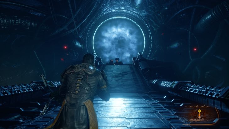 A character in The Callisto Protocol approaches a large, glowing circular portal in a dimly lit, futuristic environment.