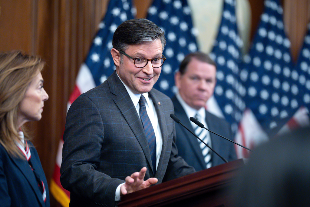 Speaker of the House Mike Johnson, R-La., holds a news conference on day 23 of the government shutdown, at the Capitol in Washington, Thursday, Oct. 23, 2025.