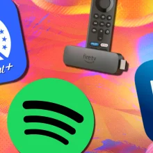 Spotify, Prime Video, and Paramount+ logos with Amazon Fire TV Stick against colorful abstract background
