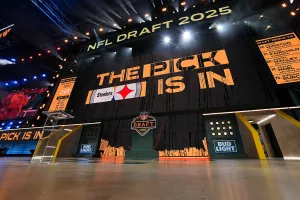 GREEN BAY, WISCONSIN - APRIL 25: A general view of the video board on stage with The Pick Is In for the Pittsburgh Steelers during the third round of the 2025 NFL Draft on April 25, 2025 in Green Bay, Wisconsin. (Photo by Perry Knotts/Getty Images)
