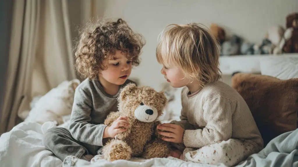 Niños jugando con oso de peluche