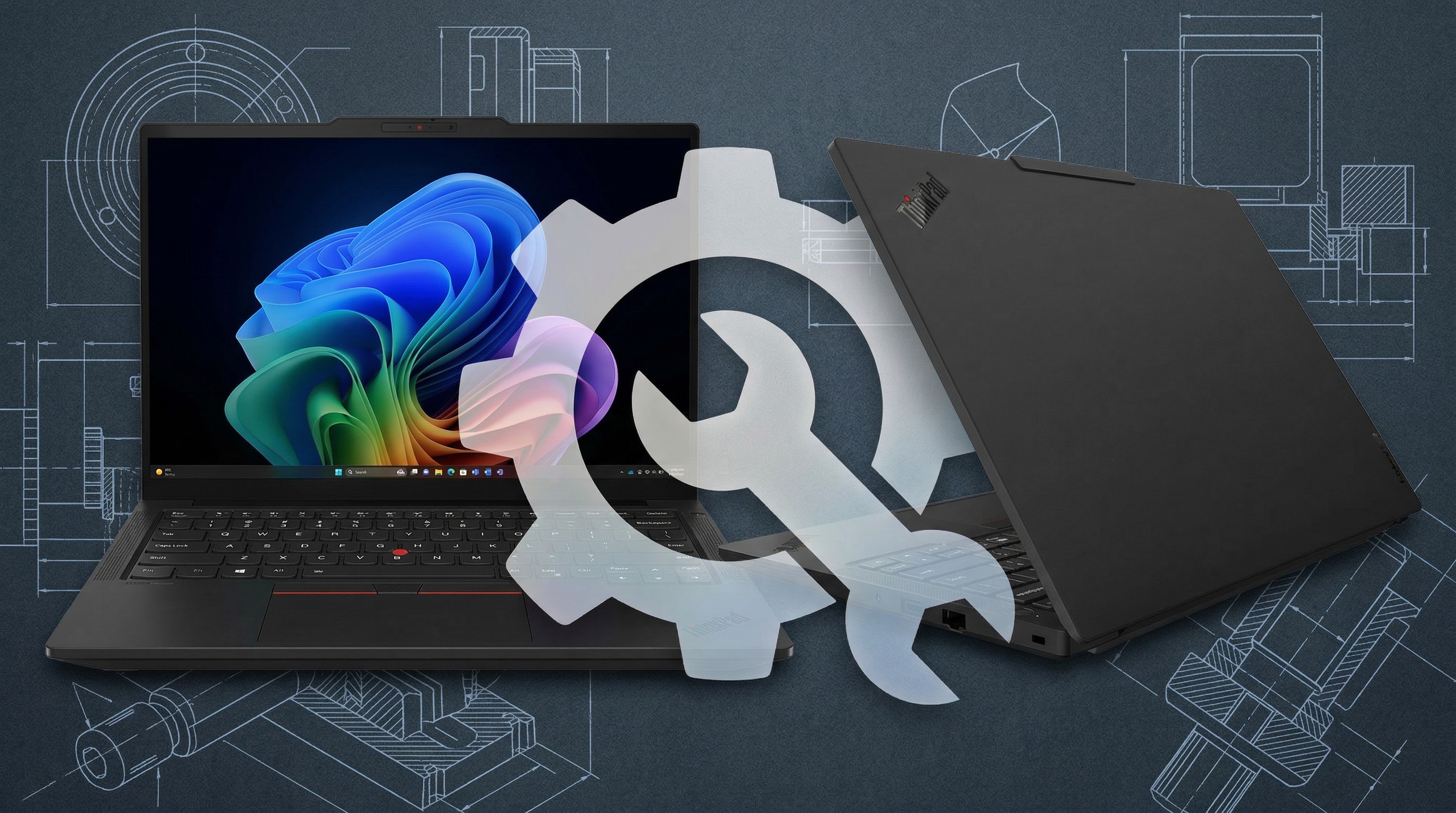 Two laptops on a blueprint background, one open showing a colorful screen and the other closed. A wrench and gear overlay suggests tech support.