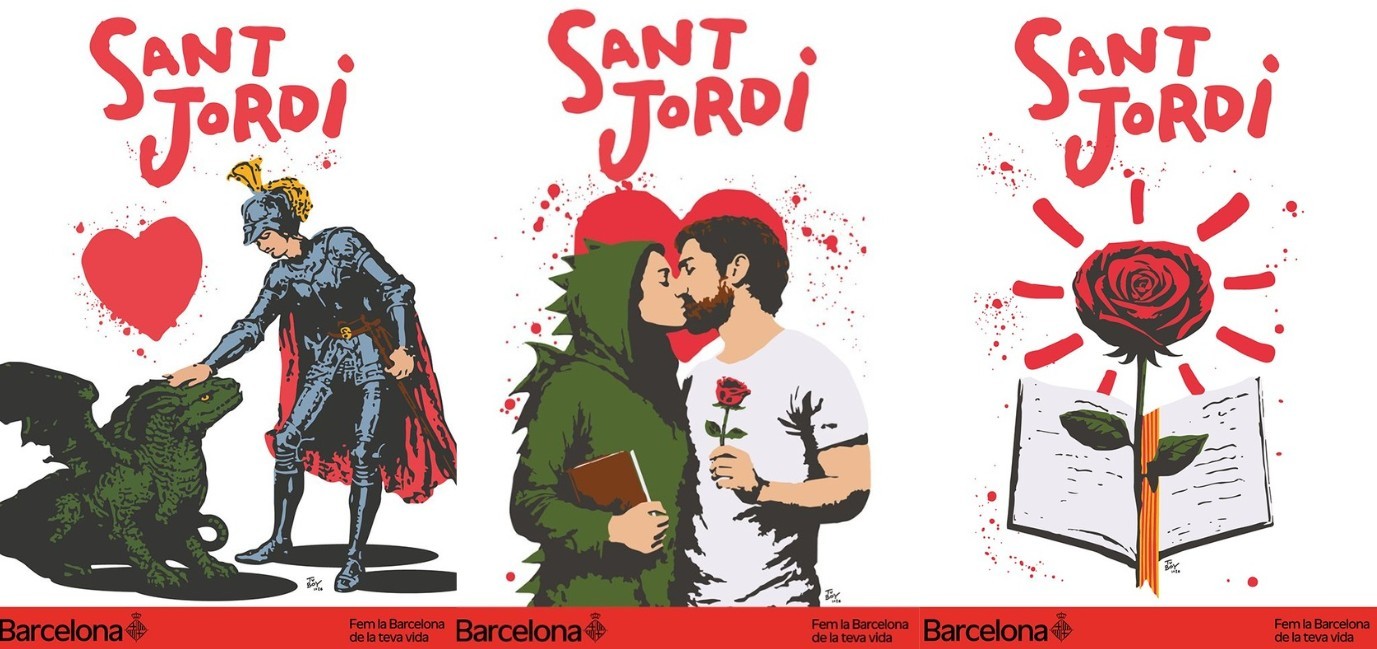 Los tres carteles de promoci�n de Sant Jordi del Ayuntamiento de Barcelona.
