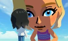 a giant woman looks at a smaller person in 'tomodachi life living the dream' game