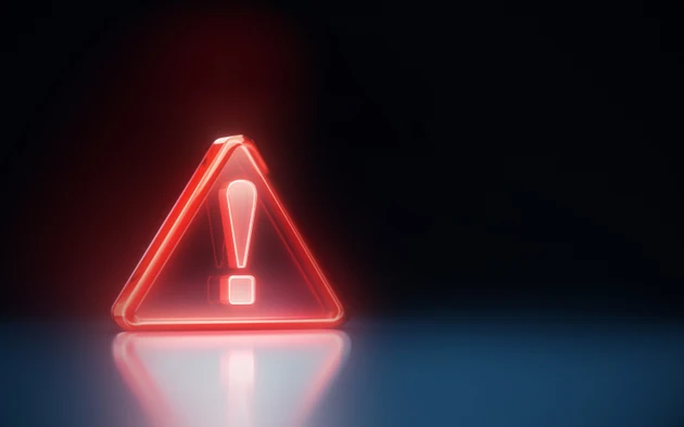 Glowing Red White Glass Hazard Warning Sign on Black Blue Infinite Background