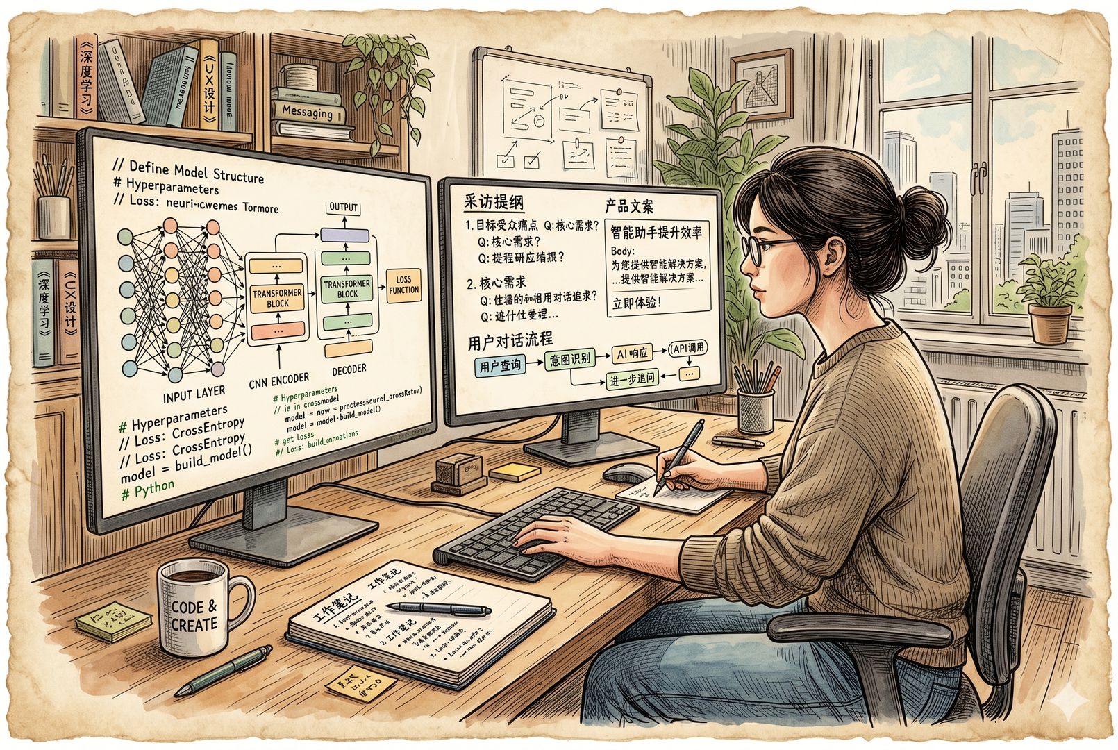 一位复合型从业者坐在双屏前,一边屏幕是模型结构图和代码注释,另一边是采访提纲、产品文案与用户对话流程,她在两种语言世界之间来回切换,羊皮纸,钢笔彩色手绘的统一风格。