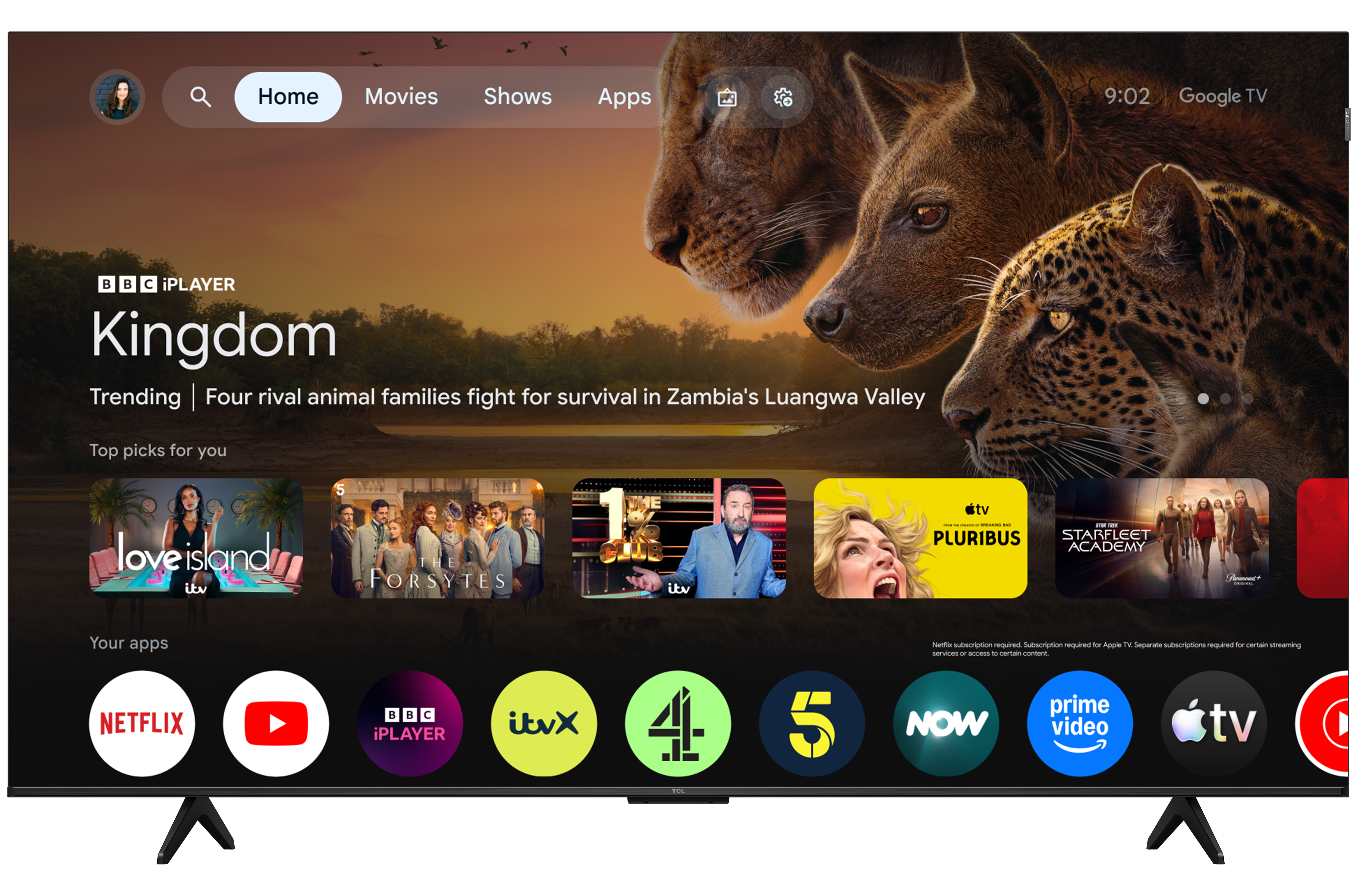 TCL P7L image with Google TV home screen on display