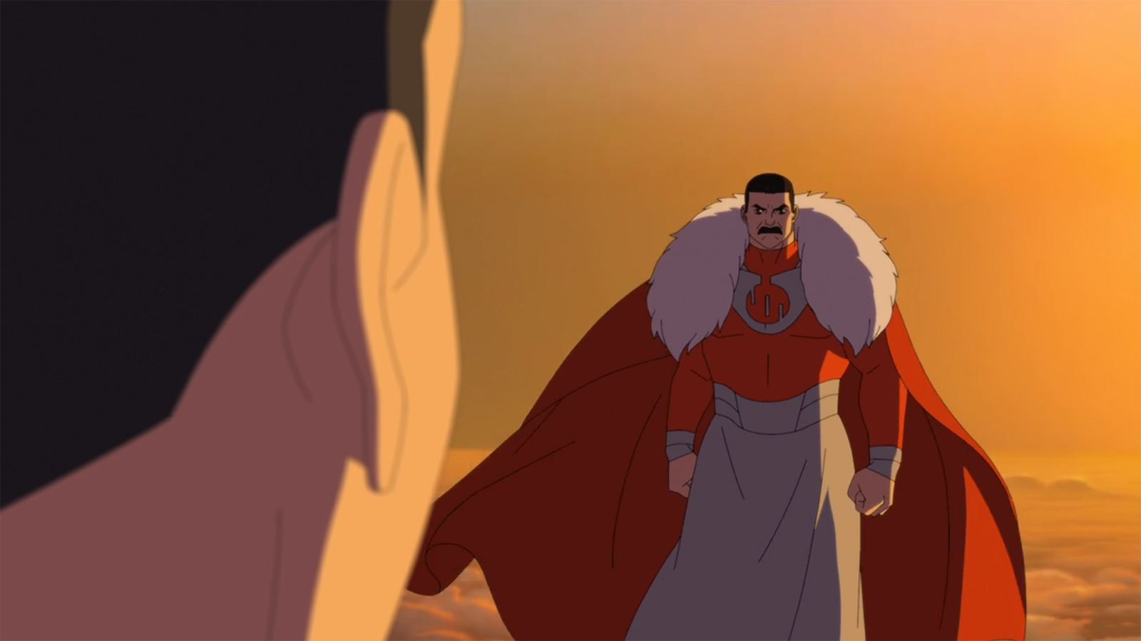 A shot of Thragg viewed over Mark's right shoulder in Invincible season 4 episode 8