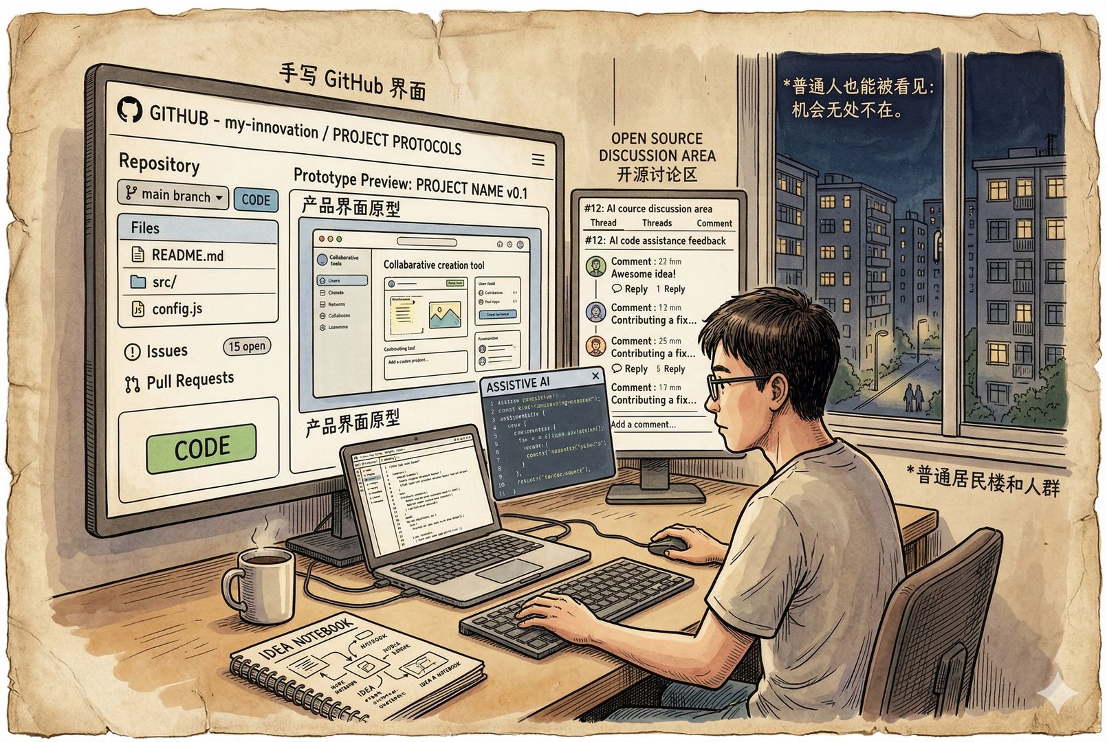 一名普通年轻人深夜坐在书桌前,用AI编程助手和GitHub页面把灵感快速做成原型,屏幕上有代码仓库、产品界面和开源讨论区,窗外是普通居民楼,突出“普通人也能被看见”的机会感,羊皮纸,钢笔彩色手绘的统一风格。