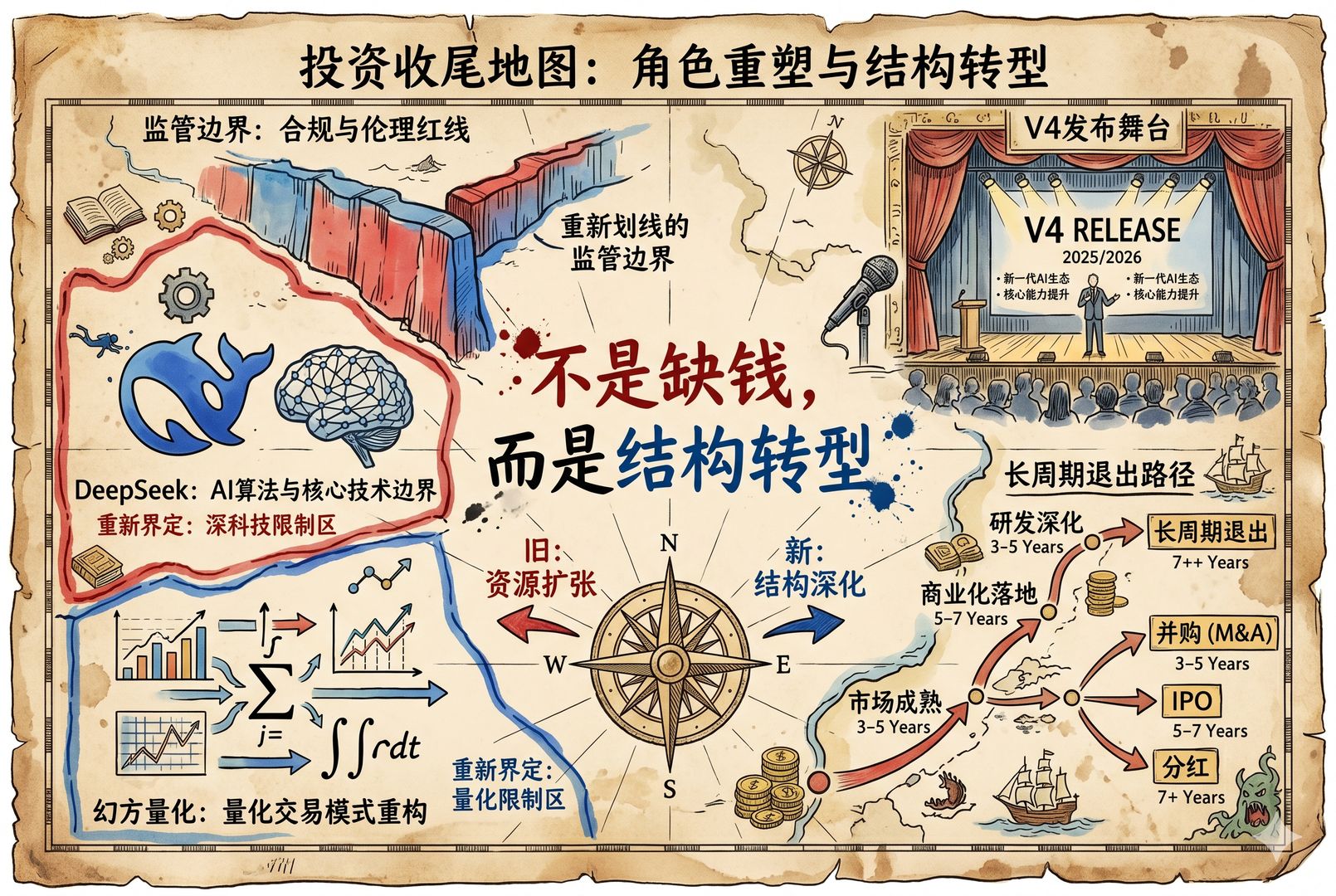 一张收尾性质的投资地图,左侧是DeepSeek、幻方量化、监管边界三者被重新划线,右侧是V4发布舞台与长周期退出路径,中央用红蓝墨水写着“不是缺钱,而是结构转型”,羊皮纸,钢笔彩色手绘的统一风格。