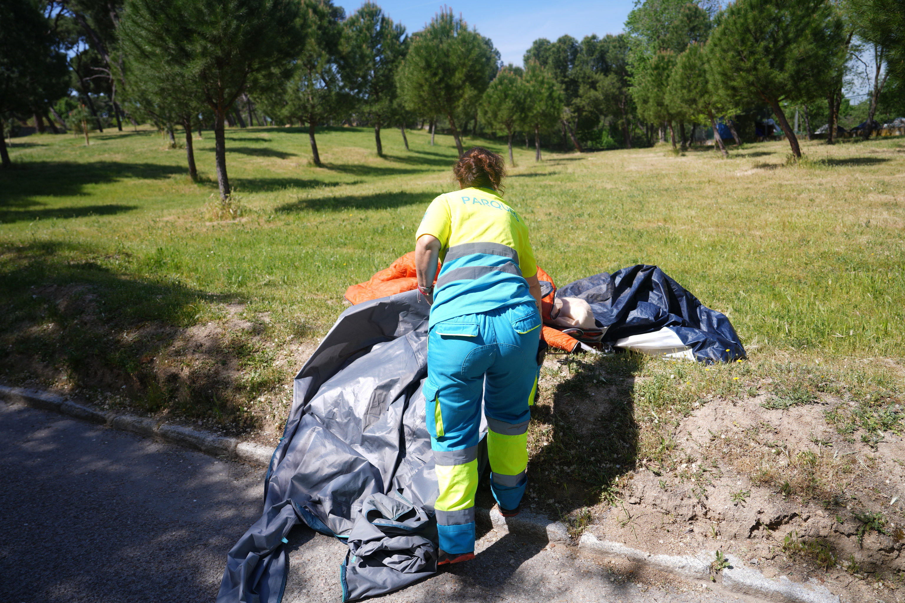 Una de las encargadas de la limpieza de la zona de Casa de Campo recogiendo una tienda de campa�a abandonada.