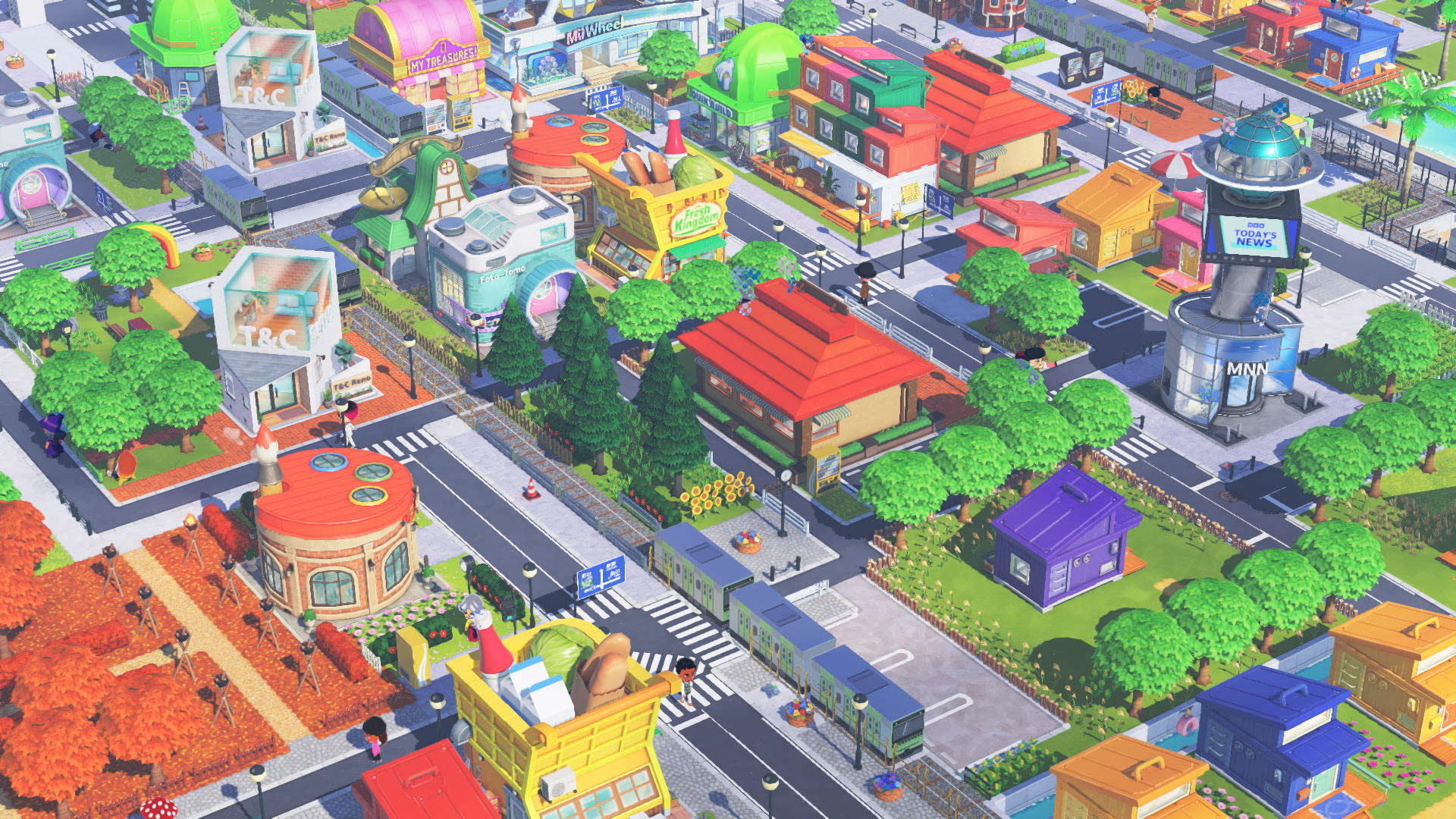 A vibrant, animated cityscape from a video game features colorful buildings labeled 'MNN' and 'T&C', with streets lined by trees and bustling miniaturized structures.