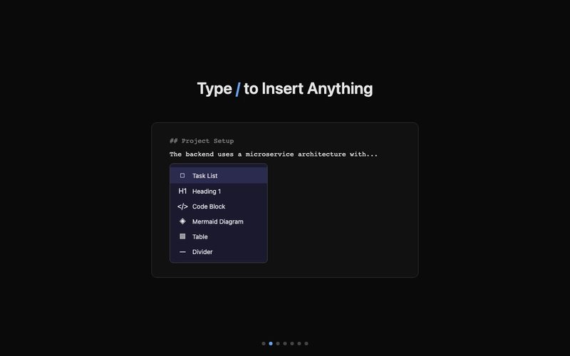 Slash command menu in the editor