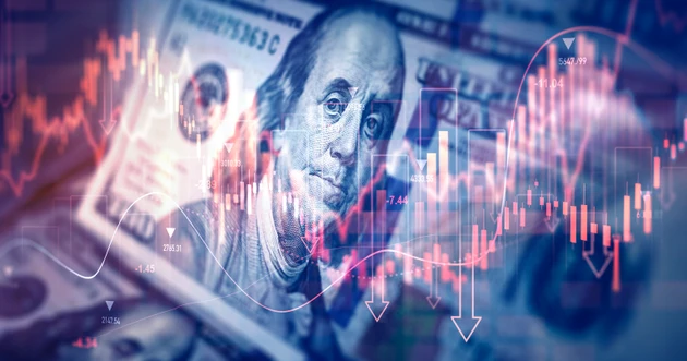 Stock market trading graph american dollar is damage.Effect of recession US economy. Crisis in USA, rising inflation, devaluation of dollars and the economy.