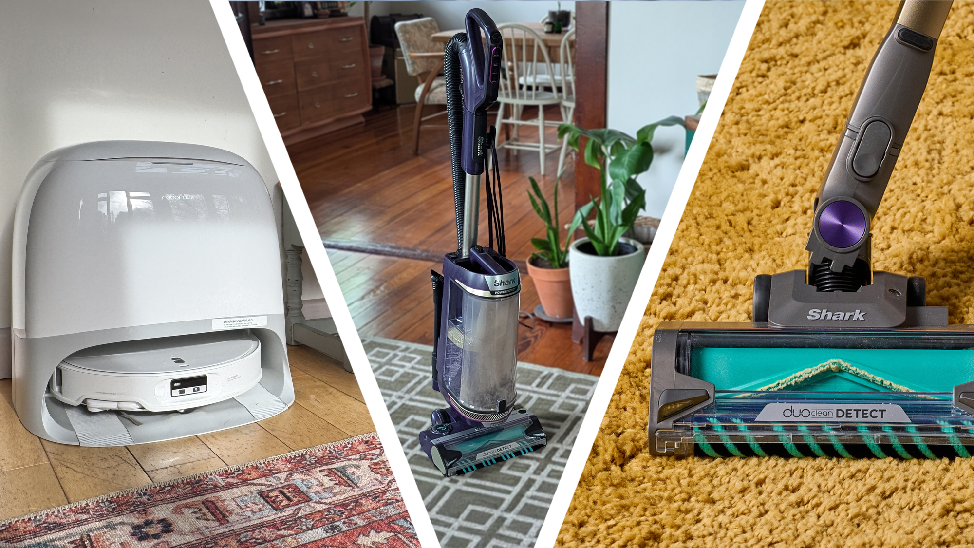 Split image of three vacuums suitable for people with allergies, including a robot vacuum, an upright vacuum, and a stick vacuum