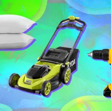 Two pillows, a green lawn mower, and a yellow cordless drill arranged on green and blue backdrop
