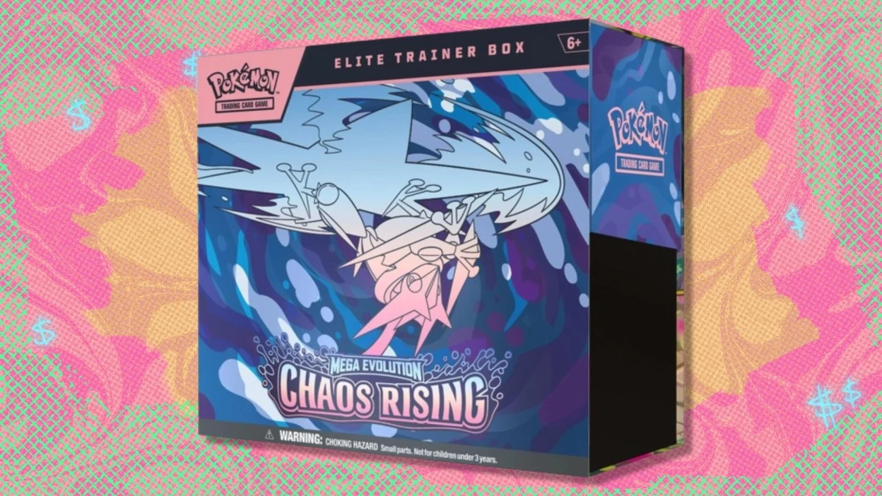 The Pokémon TCG Chaos Rising Elite Trainer Box on an orange, red, and green background