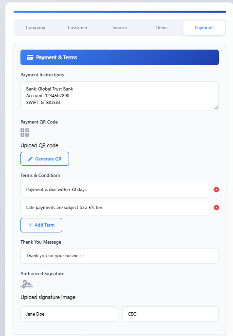 Payment and terms section showing payment instructions, QR code option, terms and conditions, and signature fields