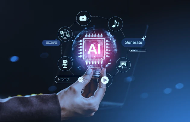 Futuristic AI prompt generation concept with icons for text, image, audio, and translation surrounding a digital lightbulb held by a hand on dark background.