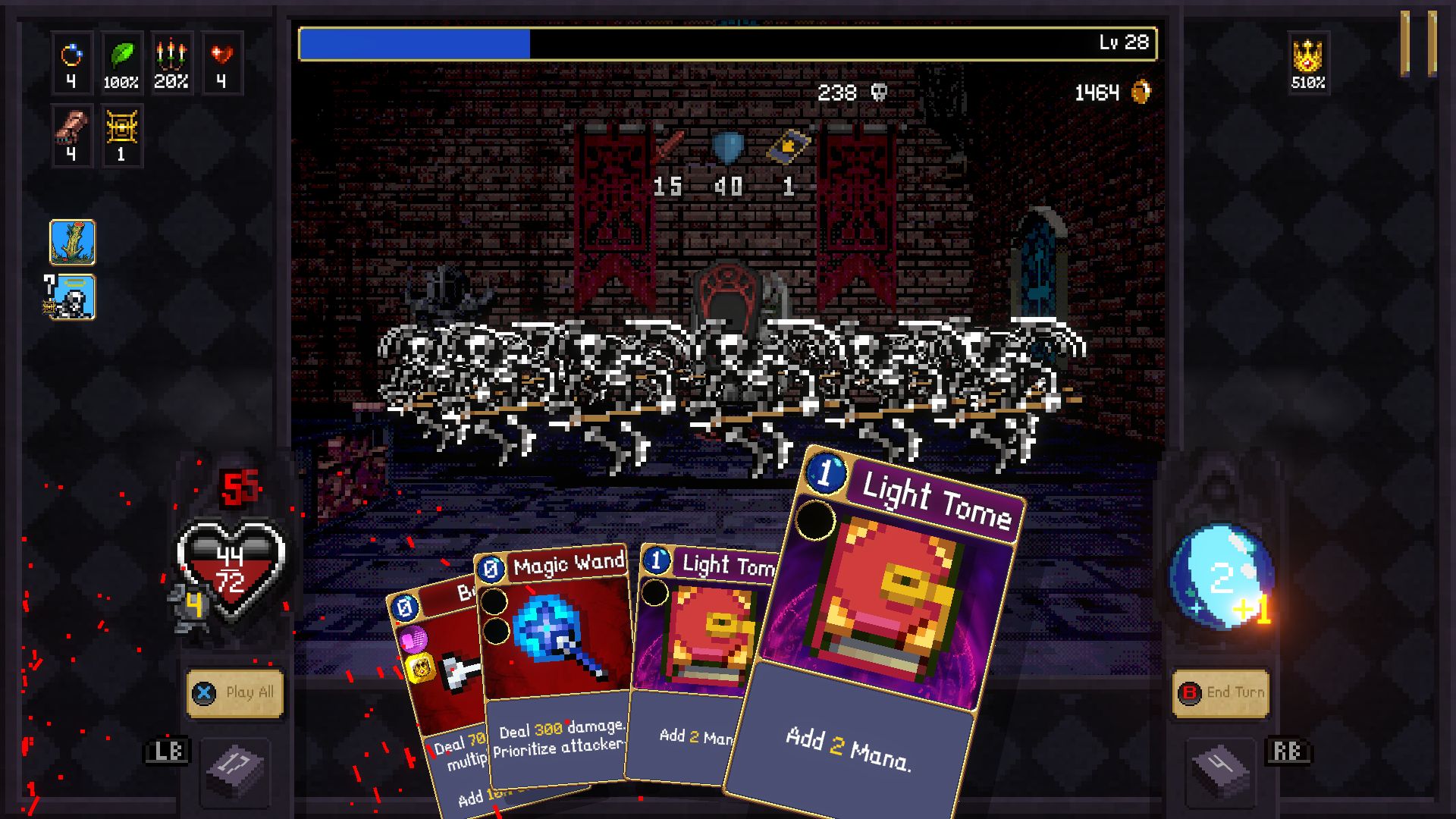 Pixel art fantasy game screenshot showing a battle scene with skeleton enemies in a dungeon setting. Player’s hand of cards includes a "Magic Wand" and "Light Tome."