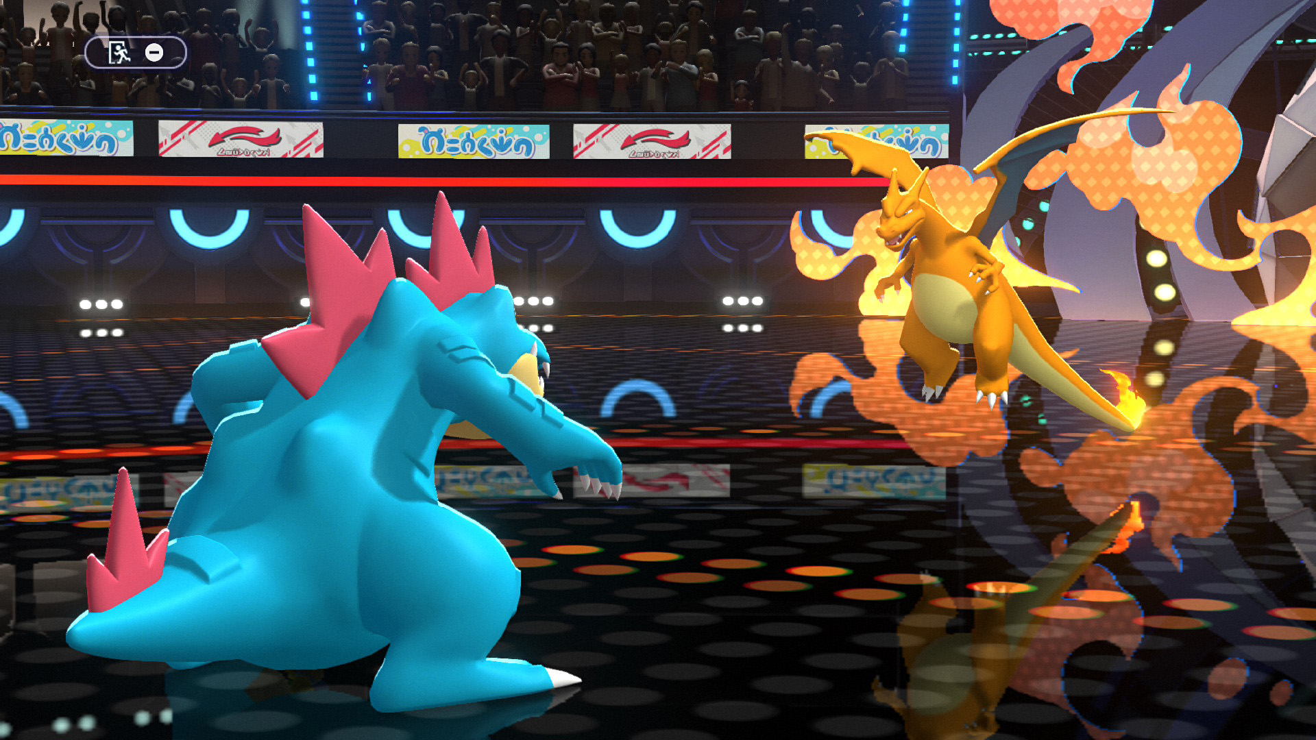 In a Pokémon battle arena, Feraligatr faces off against Charizard with flames surrounding Charizard.