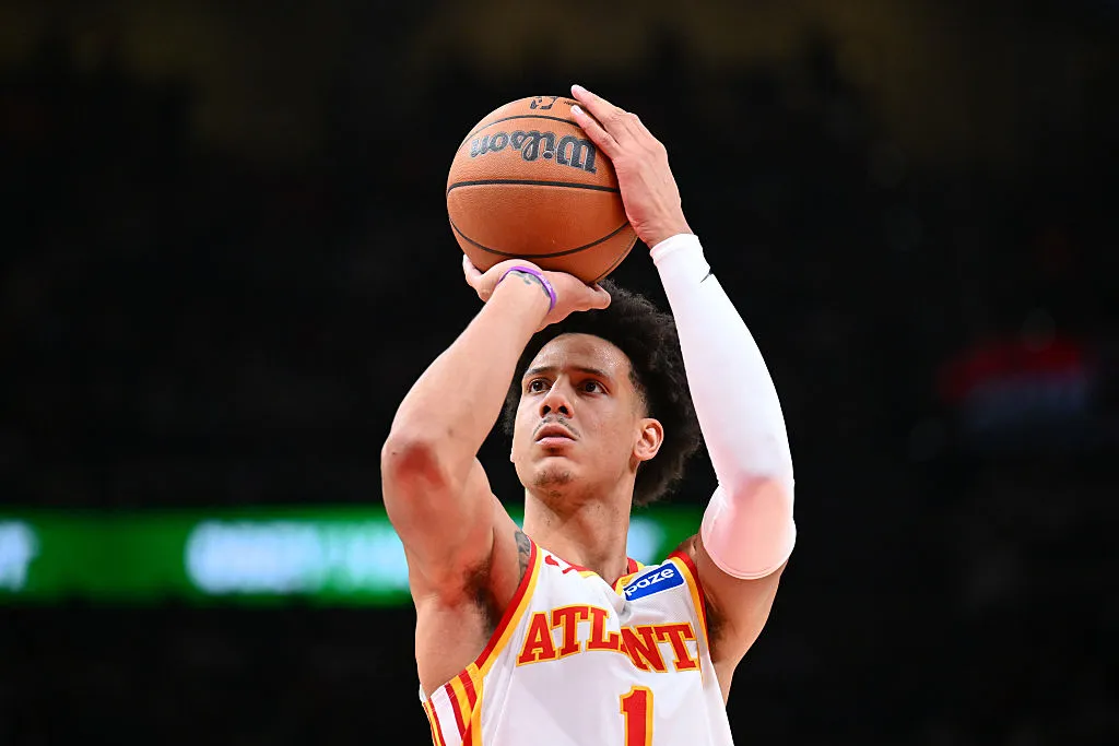 ATLANTA, GA - MARCH 30: Jalen Johnson #1 of the Atlanta Hawks shoots a free throw during the game against the Boston Celtics on March 30, 2026 at State Farm Arena in Atlanta, Georgia. NOTE TO USER: User expressly acknowledges and agrees that, by downloading and/or using this Photograph, user is consenting to the terms and conditions of the Getty Images License Agreement. Mandatory Copyright Notice: Copyright 2026 NBAE (Photo by Adam Hagy/NBAE via Getty Images)