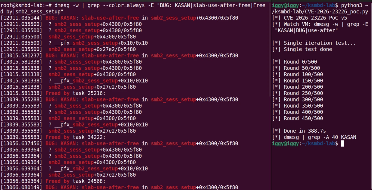 Split terminal showing KASAN slab-use-after-free errors in dmesg triggered by a Python PoC script for CVE-2026-23226
