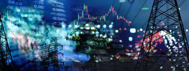 market stock graph and information with city light and electricity and energy facility banner industry and business background