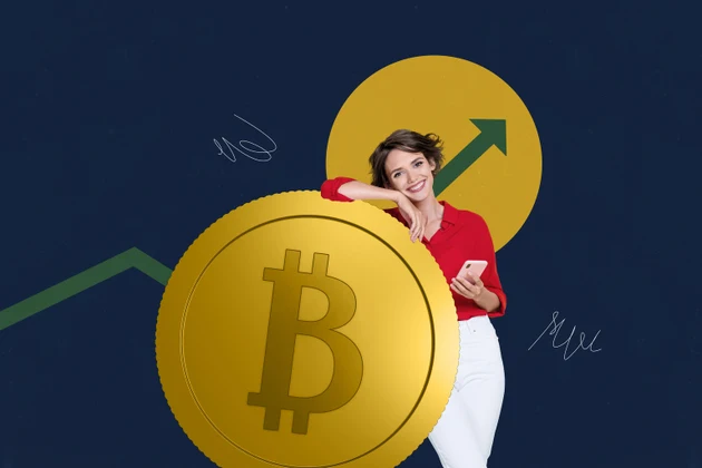 Creative picture collage young pretty girl bitoin trader successful results rising arrow charts drawing background golden coins