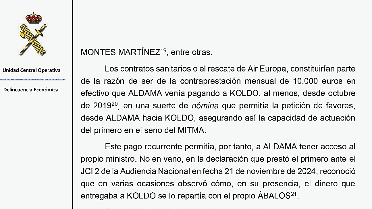 Extracto de uno de los informes de la UCO donde se se�ala la "contraprestaci�n" mensual que Aldama pagaba a Koldo a cambio de favores