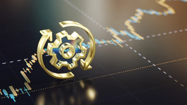 Golden Gear Icon Over Financial Chart Signifying Automation and Analysis