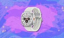 samsung galaxy watch ultra against a purple patterned background