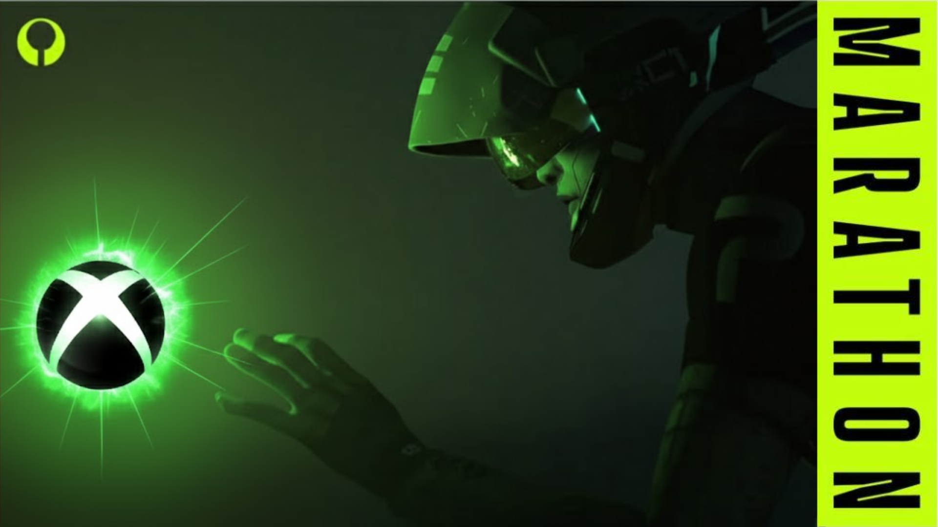 A futuristic figure in a helmet reaches toward a glowing green Xbox sphere. "Marathon" is written vertically in bold on a neon yellow sidebar.