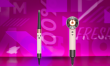 pink dyson airwrap i.d. and dyson supersonic nural on dark pink background
