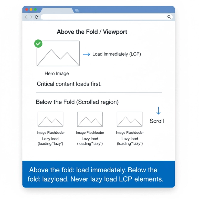 Above the fold: load immediately (LCP). Below the fold: lazy load with loading='lazy'. Never lazy load LCP elements.